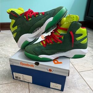 Reebok Men’s Shaq Attack Christmas Green and Lime High-Tops with Red Accents
